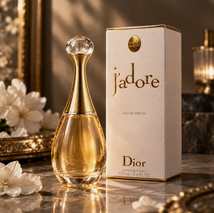 Dior J'adore EDP bottle and box luxury lifestyle shot