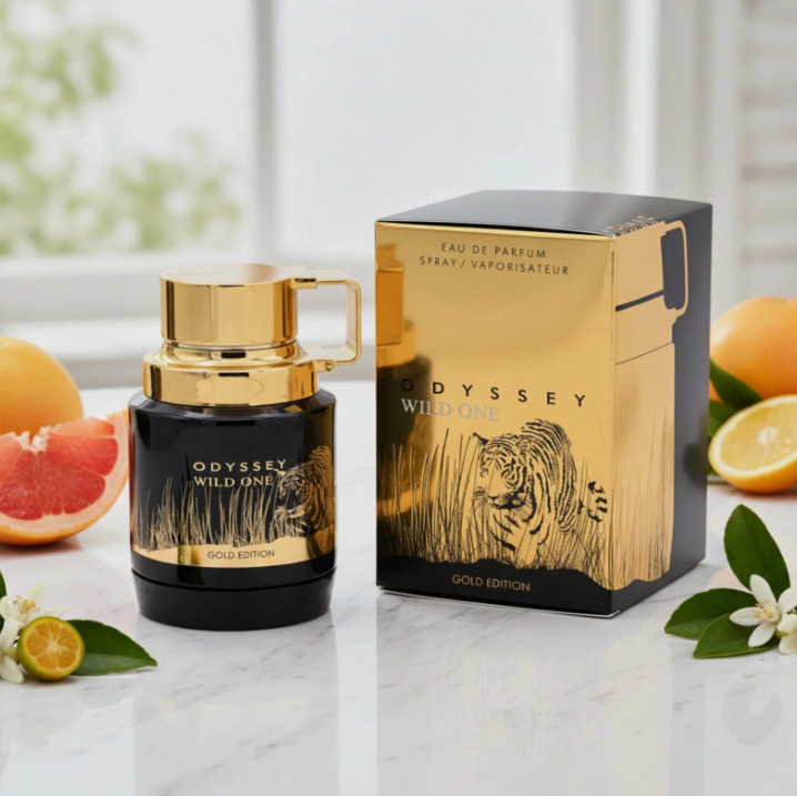 Armaf Odyssey Wild One Gold Edition bottle and box lifestyle