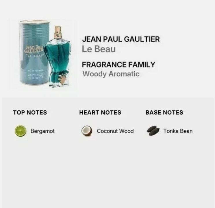 Jean Paul Gaultier Le Beau fragrance notes - bergamot, coconut wood, tonka bean
